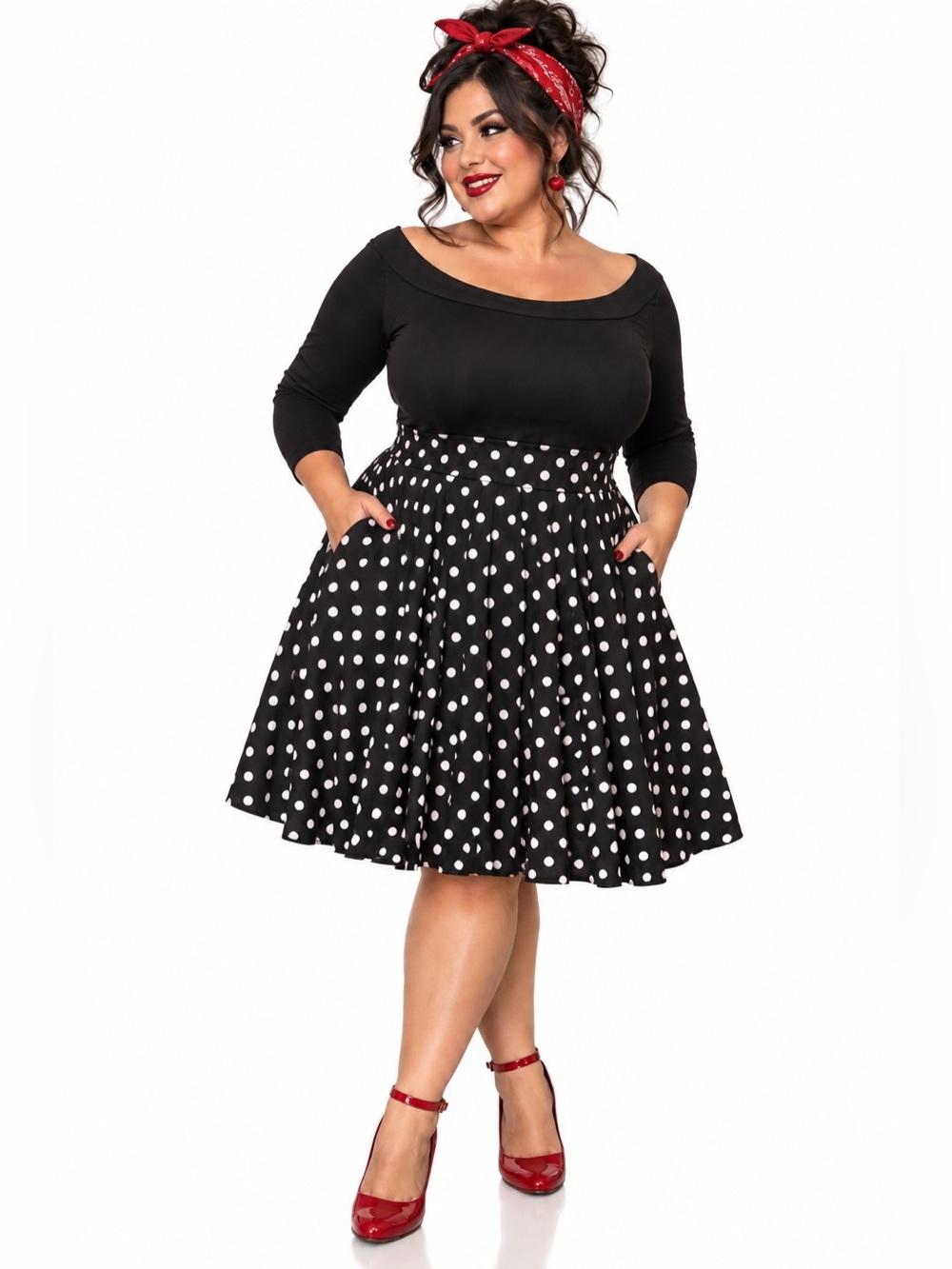 Plus Size 3X Black White Polka Dot Fit Flare Dress 1920s Pinup Rockabilly Pocket